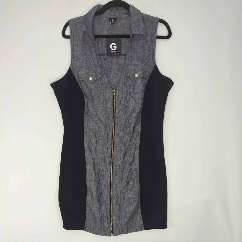 G by Guess Womens Lewcy Linen Dress Gray Black Zippered XL NWT